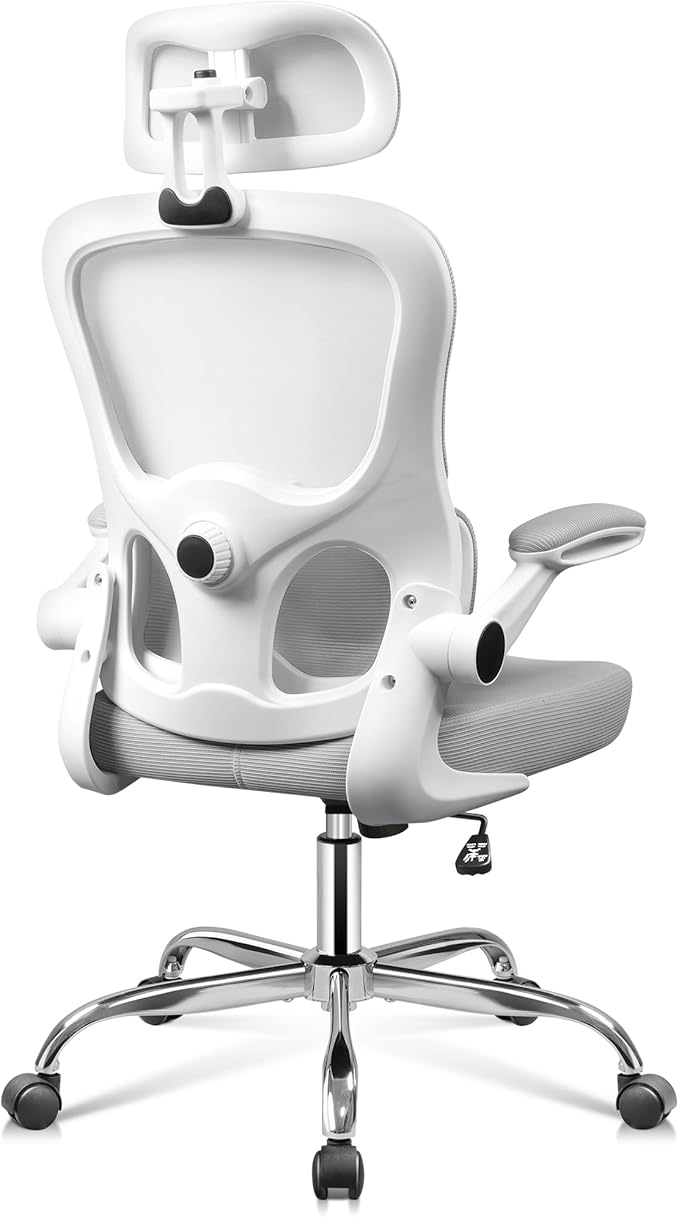 DEVAISE Ergonomic Mesh Desk Chair, Separated-Adjustable Lumbar Support,Large Cushion, Flip-up Armrests, 90-125° Rocking Tilt, for Home Office Computer Gaming, White&Grey