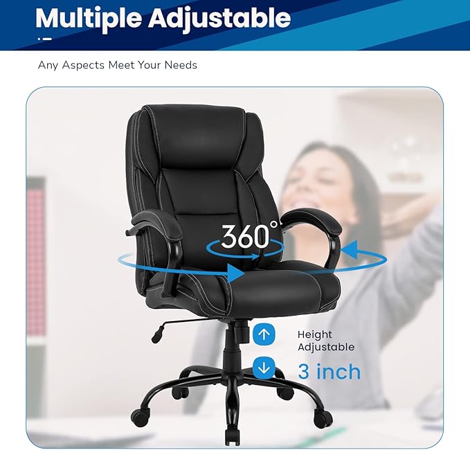 BestMassage Big and Tall Office Chair 500lbs Cheap Desk High Back PU Executive Ergonomic Computer Chair with Lumbar Support Headrest Swivel for Women Men Adults,Black