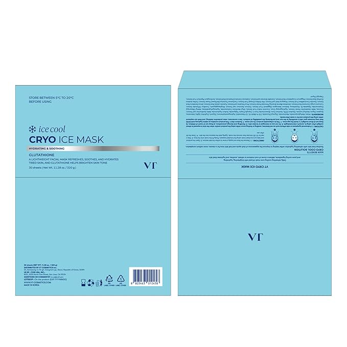 VT COSMETICS Cryo Ice Cool Mask, 30 Sheets, Cooling & De-Puffing Daily Sheet Mask, Hydrating Korean Face Mask, Xylitol & Hyaluronic Acid, K-Beauty Skincare
