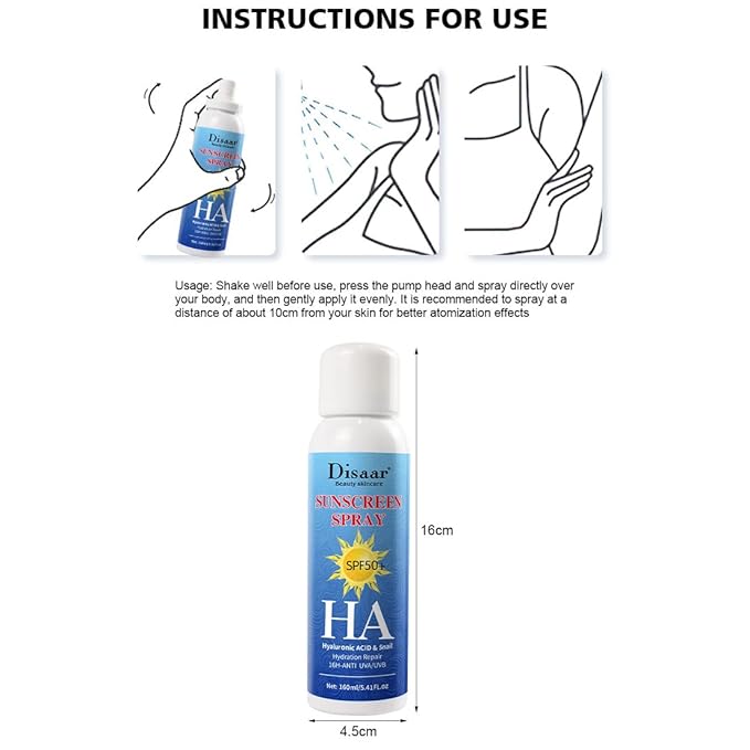 DISAAR BEAUTY Sunscreen Spray SPF50+ HA Hyaluronic Acid Snail Hydration Repair UVA/UVB 160ml/5.41oz