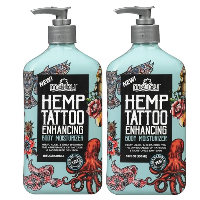 Tattoo Enhancing Hemp Body Lotion, Pump Bottle – Deep Moisturizing with Shea Butter, Coconut Oil & Aloe Vera for Dry Skin Care, 18 fl oz (2 Pack)