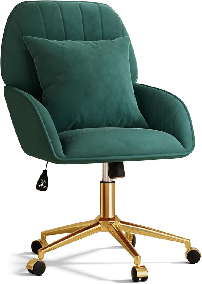 Home Office Desk Chair Comfy with Adjustable Swivel Wheels, Modern Velvet Makeup Vanity Chair with Back & Pillow, Ergonomic Office Chair Computer Task Chair for Living Room, Bedroom, Green
