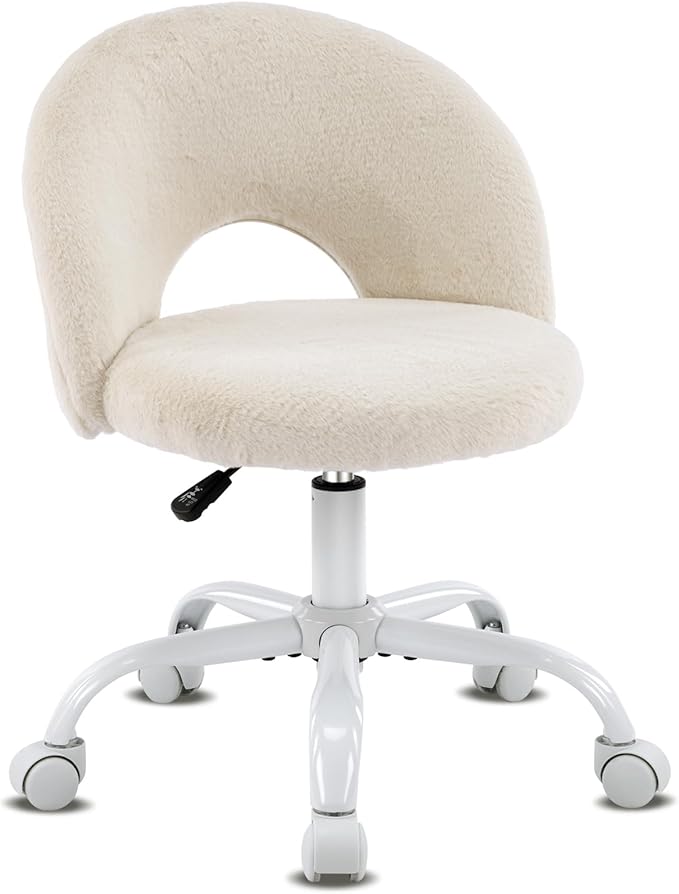 VINGLI Small Vanity Chair with Faux Fur Wheels for Girls,Cute Adjustable Height Armless Office Desk Chair,360°Swivel Comfy Rolling for Study,Make up Room,Small Space,Khaki