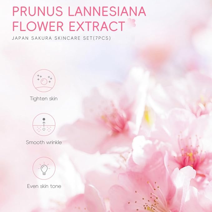 Sakura Skin Care Set, 7 Pcs Sakura Skin Care Kit with Cleanser, Toner, Serum, Eye Cream, Face Cream, Mud Mask and Sunscreen, Moisturizing Travel Size Skincare Set, Christmas Gifts for Women Girls