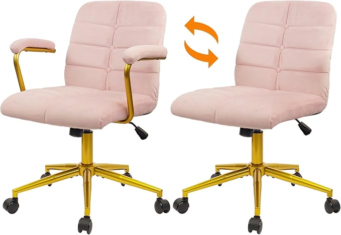 CLATINA Velvet Office Desk Chair with Armrests and Wheels, Modern Upholstered Vanity Chairs with Gold Base, Height Adjustabe Swivel Home Task Chair for Bedroom, Study, Living Room, Work, Pink