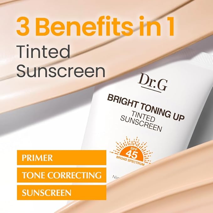 Dr. G Bright Toning Up Tinted Sunscreen - SPF 45 Broad Spectrum Korean Sunscreen - For All Skin Types - Lightweight, Matte Finish - Sebum Support - Niacinamide & Vitamin C - 1.69 fl oz