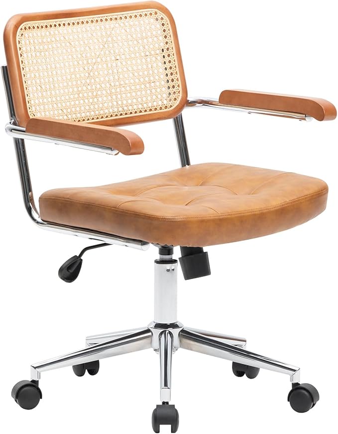 Rattan Office Chairs, Modern Rattan Desk Chair with Natural Back & Wood Armrest, Small Upholstered Tufted Leather Home Office Desk Chairs for Home Ofice, Bedroom, Study, Brown