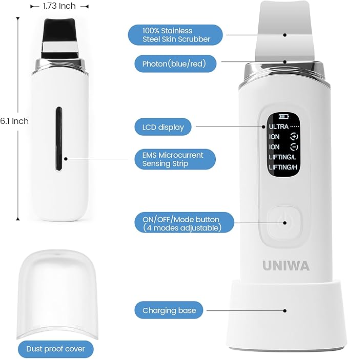 UNIWA Skin Scrubber Face Spatula, Ultrasonic Skin Scrubber Skin Spatula Pore Cleaner Blackhead Remover Tool for Facial Deep Cleansing-4 Modes, with LCD Display, IPX6 Waterproof - White