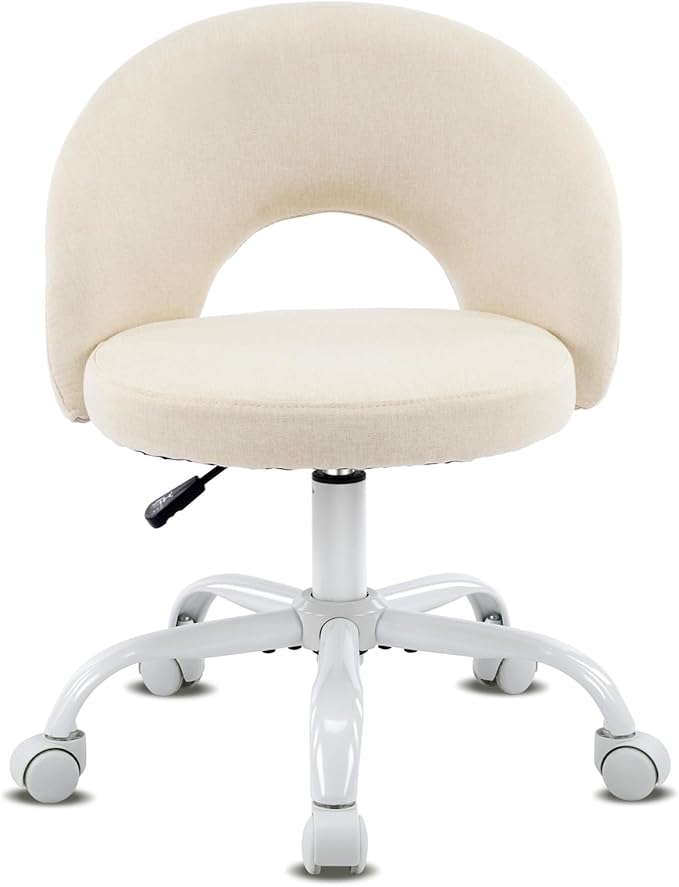 VINGLI Small Vanity Chair with Wheels for Girls.Cute Modern Adjustable Height Armless Office Desk Chair.360°Swivel Comfy Rolling Chair for Study, Make up Room,Small Space,Linen Light Yellow