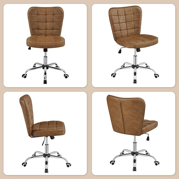 Yaheetech Armless Desk Chair Modern Tufted Office Chair Faux Leather Upholstered Computer Chair with Adjustable Seat Height and Rolling Wheels for Home/Office, Retro Brown