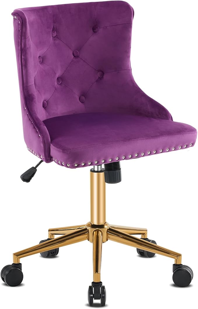 VINGLI Dark Purple Armless Home Office Desk Chair with Gold Base/Wheels, Small Cute Vanity/Makeup Chair with Back for Bedroom, Upholstered Adjustable Rolling Swivel Nail Chair for Women/Girls