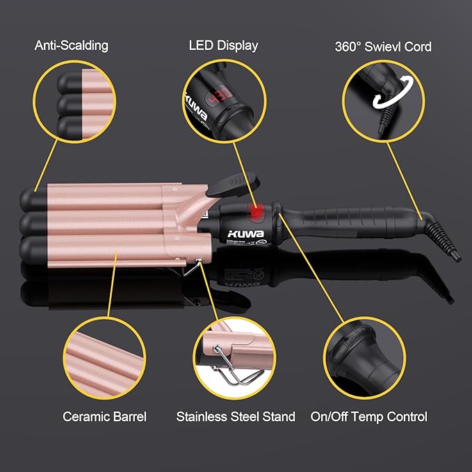 kuwa Crimper Hair Tool, 15 Variable Temperature with LCD Display Hair Crimper, Waver Hair Tool,3 Barrel Curling Iron, hairCrimper for Women,Long-Lasting Natural Tight Waves