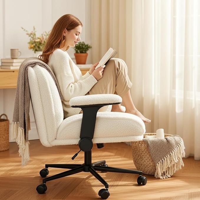 Criss Cross Chair with Wheels,Wide Cross Legged Office Chair with Flip-Up Arms,White Vanity Chair with Extra-Deep Seat Thickened for Home Office,Vanity, Apartment Dorms,Plush Cushion,Comfy