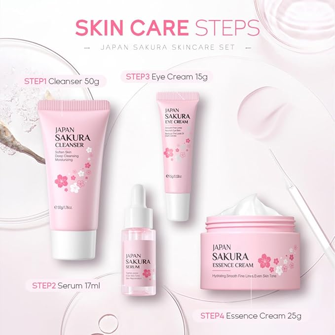 Skin Care Sets for Teenage Girls, Sakura Skin Care Sets & Kits Women Beauty Gift Set with Cleanser, Mud Mask, Toner, Serum, Eye Cream, Facial Cream, and Sunscreen, Birthday Gift for Women and Girls