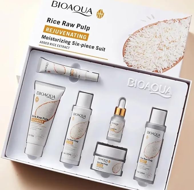 BIOAQUA Rice Raw Pulp Rejuvenating Moisturizing Face Cream Cleanser Toner Lotion Eye Cream HA Essence 6PCS Suit Skin Care Gift Box