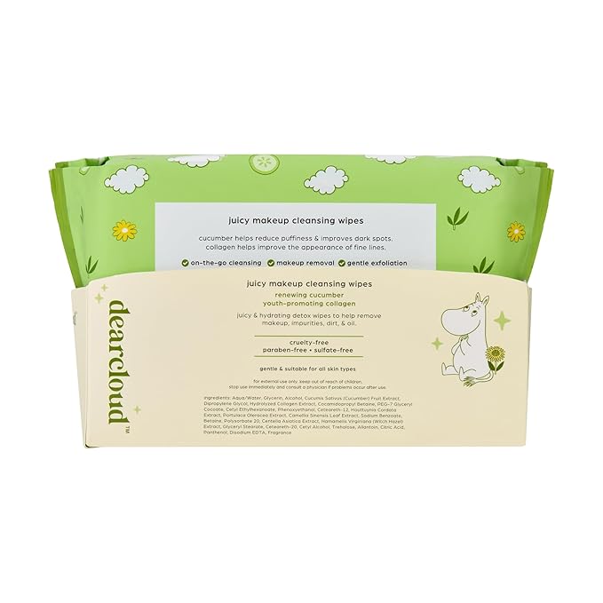 Moomin Juicy Makeup Cleansing Wipes - 60 count- Cucumber & Collagen Makeup Remover Towelettes (Renewing Cucumber)
