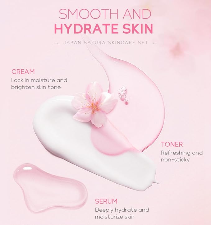 Skincare Set for Women, Skin Moisturizing Kit SAKURA Clean & Care for Teen Girls, Travel Daily Hydration Glowing Kit| Cleanser Toner Serum Eye Cream Face Cream (5PCS)