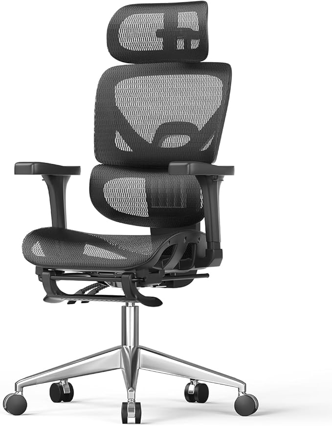 naspaluro Ergonomic Office Chair, High Back Mesh Desk Chair, 350lbs Capacity, Lumbar Support, 3D Armrest Headrest, Footrest, PU Wheels, Swivel Computer Chair for Home Office, Work & Gaming
