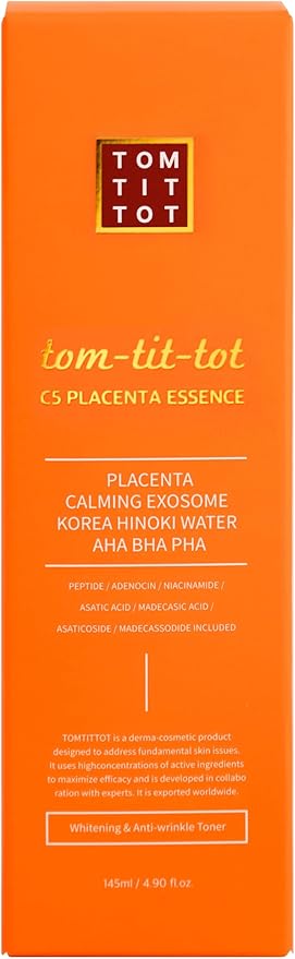 tom-tit-tot C5 Placenta Toner Essence - Soothing and Skin Regeneration, Nourishment, AHA, BHA, PHA, Phytoplacenta and CICASOME, Korean Premium Skin Care (145ml / 4.90 fl.oz)
