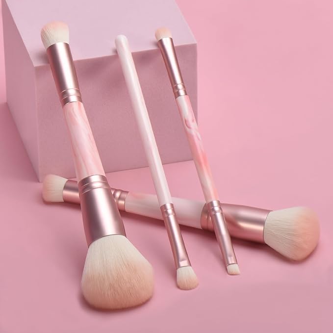 Pink Makeup Brushes set, 4 Dual-Ended Brushes, 3 Makeup Sponges & 1 Metal Stand, Professional Complete Cosmetic Brush Set, for Foundation Powder Blush Eyeshadow