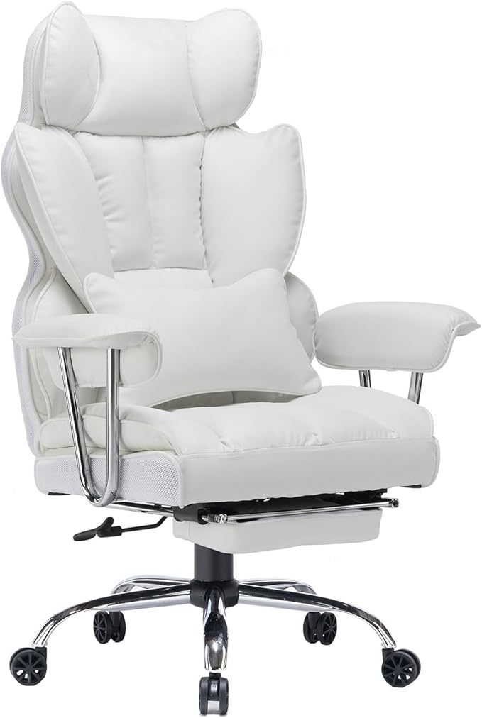 Efomao Big and Tall Office Chair 400lbs, Executive PU Leather Desk Chair with Footrest & Lumbar Support, Heavy Duty Computer Seating for Home, White