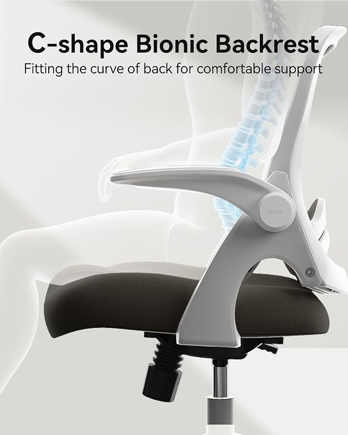 Hbada Office Desk Chair with Flip-Up Armrests and Saddle Cushion, Ergonomic Office Chair with S-Shaped Backrest, Swivel, Mesh, White