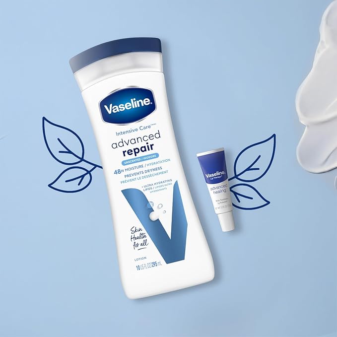 Vaseline Intensive Care Lotion, Unscented, Advanced Repair – Non-Greasy Moisturizer for Extremely Dry Skin + Professional Lip Therapy Tube