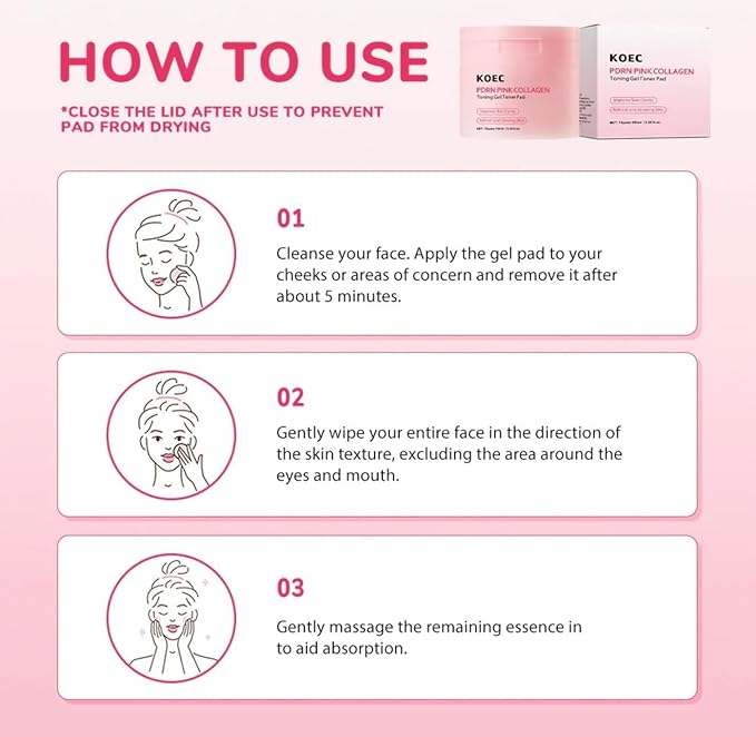 KOEC PDRN Pink Collagen Toning Gel Toner Pads, 70 Count, Hydrating Facial Treatment for Smooth Plumped Skin with Improved Clarity, 3.38 fl.oz