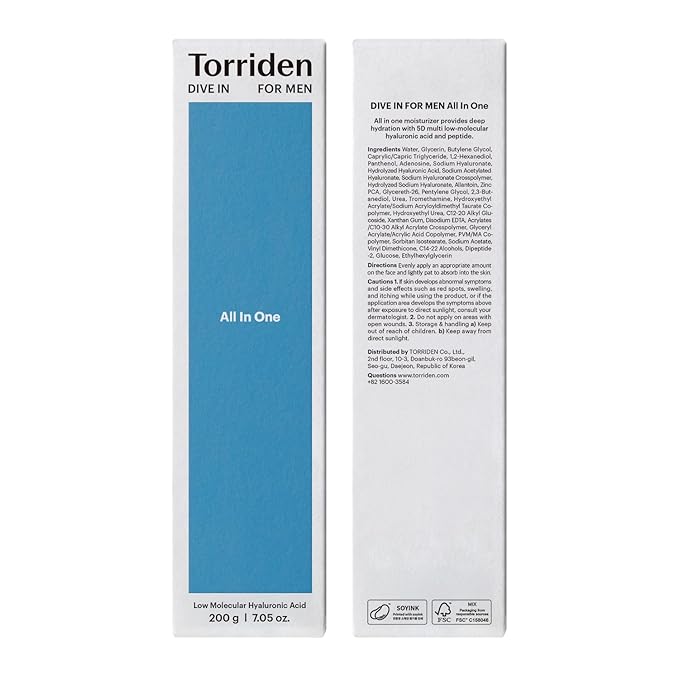 Torriden DIVE IN FOR MEN All In One 200ml (7.05 fl. oz) | All-In-One for Inner Moisturizing and Sebum Care | Hyaluronic Acid, Panthenol, Allantoin