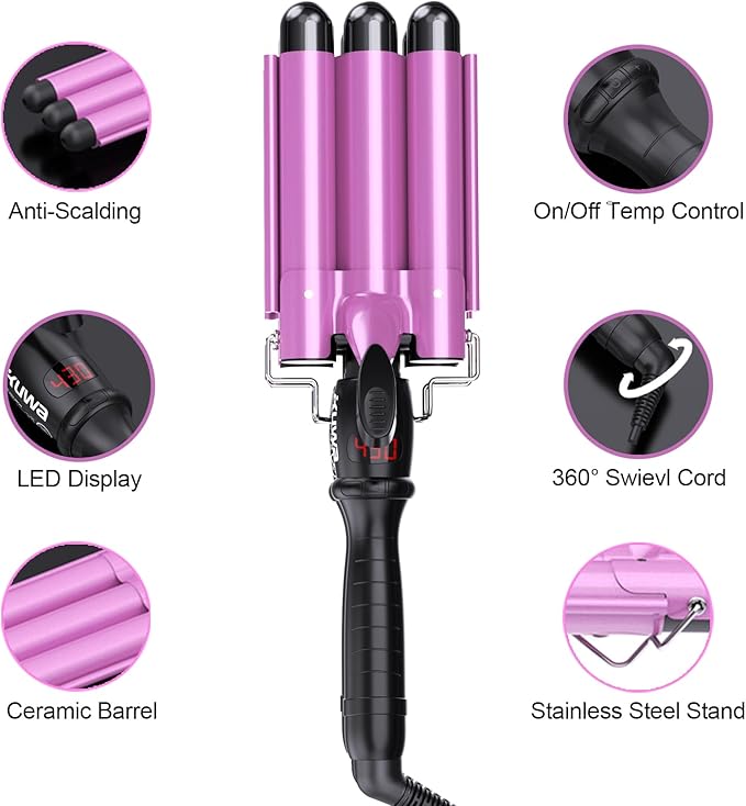 kuwa 3 Barrel Curling Iron,Crimper Hair Tool,Hair Crimper for Women,WaverHair Tool,Hair Waver with LCD Temperature Display