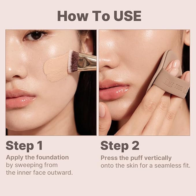 THE TOOL LAB All Day Fitting Duo (Glow type) - Premium Base Makeup Set for Liquid Cream Powder Foundation, Buffing Blending Face Brush, Sponge, Portable Case - 1.1" Flat Top Brush