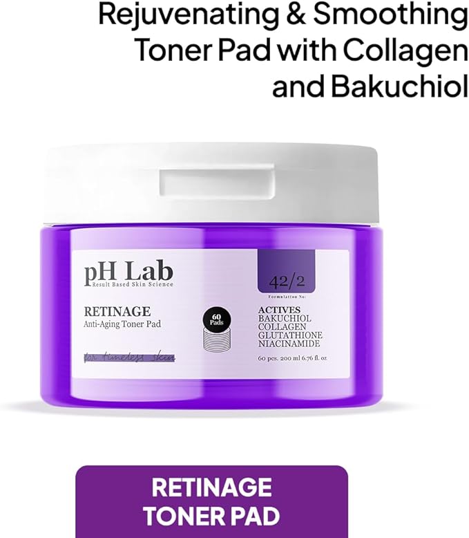 pH Lab Retinage Anti-Aging Toner Pad with Bakuchiol & Collagen, Gentle Face Pads for Smooth and Refreshed Skin, 60 Pads