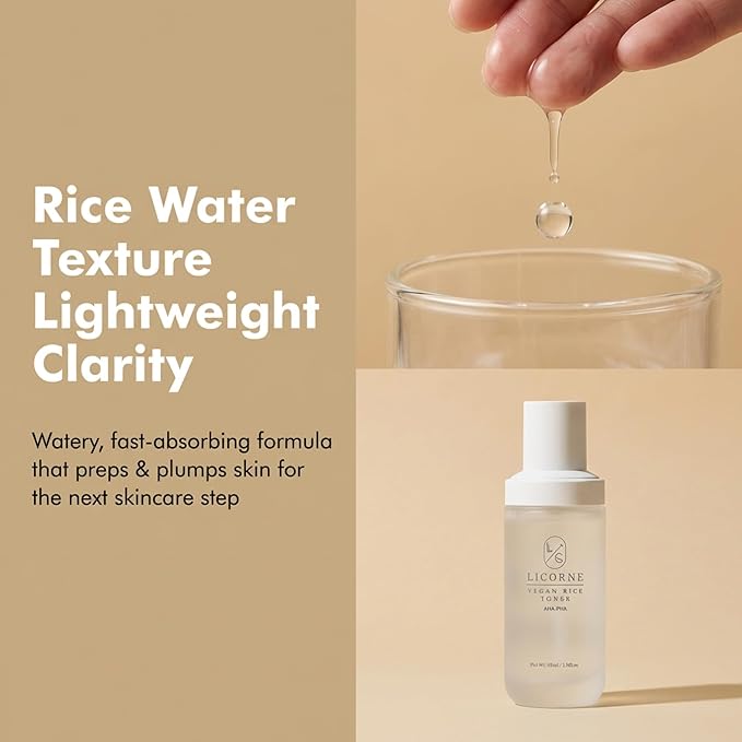 LICORNE Vegan Rice Face Toner - Hydrating & Clarifying Water Essence with AHA, PHA, Gentle Texture Refining Daily Facial Toner for Luminous Glow, 3.38 Fl Oz