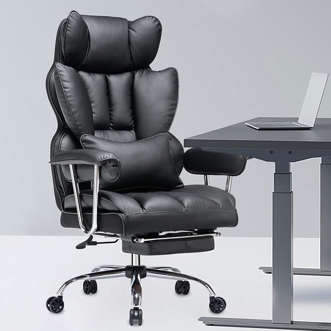 Efomao Big & Tall Office Chair with Footrest, High-Back Leather Executive Desk Chair with Lumbar Support and Padded Armrests, Black