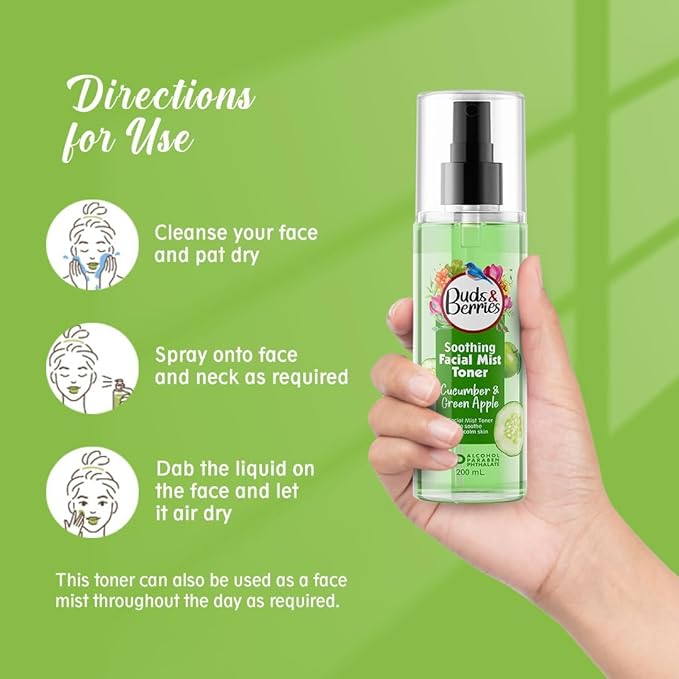 Cucumber and Green Apple Calming Facial Mist Toner - Instant Freshness, Shrinks Pores | Normal to Oily Skin | 200ml | Alcohol-Free, Paraben-Free