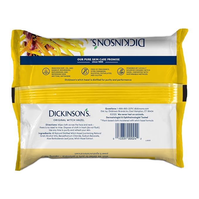 Dickinson's Original Witch Hazel Refreshingly Clean Cleansing Cloths with Aloe | 100% Natural Distilled Witch Hazel | Cleanses & Refreshes Skin | Extra-Large Cloths | Pack of 1 | 25 Cloths per Pack