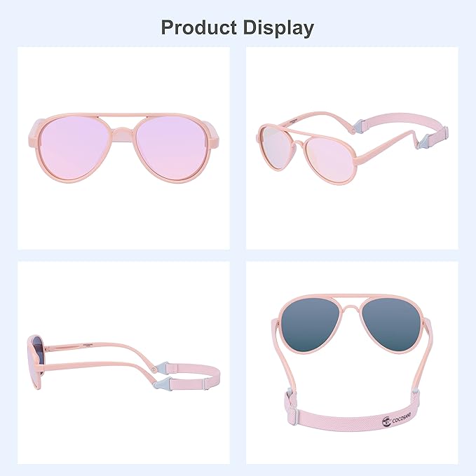 COCOSAND Baby Boys Girls Aviator Sunglasses with Strap Polarized Flexible Retro Pilot for Infants Toddler Age 0-24 Months