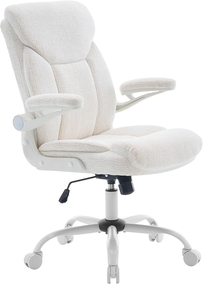 Home Office Ergonomic Desk Chair - Comfy Leather Executive Chair with Flip-Up Armrests, Lumbar Support, 360° Swivel & Rocking (White)