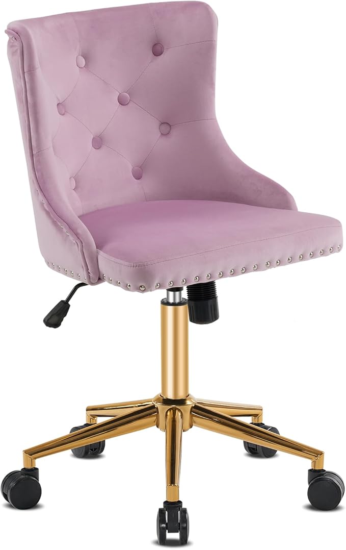 VINGLI Mauve Purple Armless Home Office Desk Chair with Gold Base/Wheels, Small Cute Vanity/Makeup Chair with Back for Bedroom, Upholstered Adjustable Rolling Swivel Nail Chair for Women/Girls