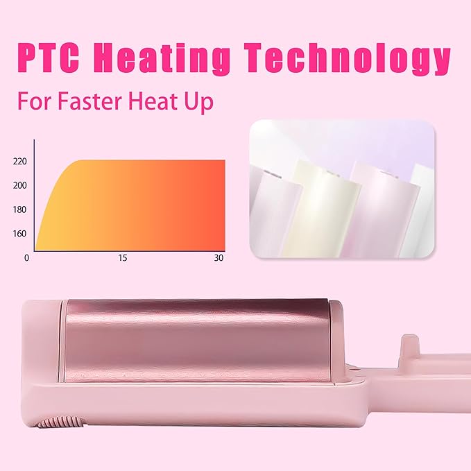 Waver Curling Iron Hair Crimper, Ionic Deep Waver Hair Curler Tool, Beach Waver Curling Wand, 2 in 1 straightener and curler with Ceramic 3 Barrel for Women, Dual Voltage, Anti-Scald, 1.25 Inch (Pink)
