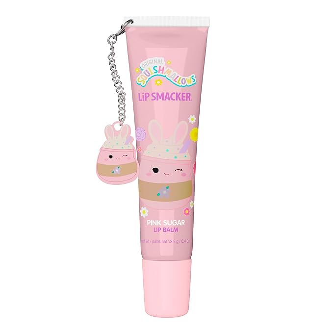 Lip Smacker Squishmallows Lip Balm, Pink Sugar (Suey), Limited Edition Easter Basket Stuffer, Flavored & Scented Lip Balm with Charm, Collectible Spring Gift