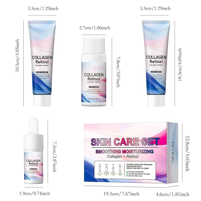 Collagen Retinol Skin Care Set, 4-Piece Anti-Aging Skincare Set Travel Kit with Cleanser, Toner, Serum, Cream for Wrinkles, Fine Lines & Pores, Lifting & Firming Hydrating Skin Gift Set for Women Men