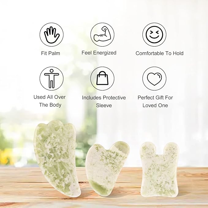 Gua Sha Facial Tools Set of 3 Guasha Massage Tool Jade Gua Sha Scraping Massager for Face,Neck, Eyes and Body,Jade Stone Guasha Board 3 Packs (Jade Set of 3)