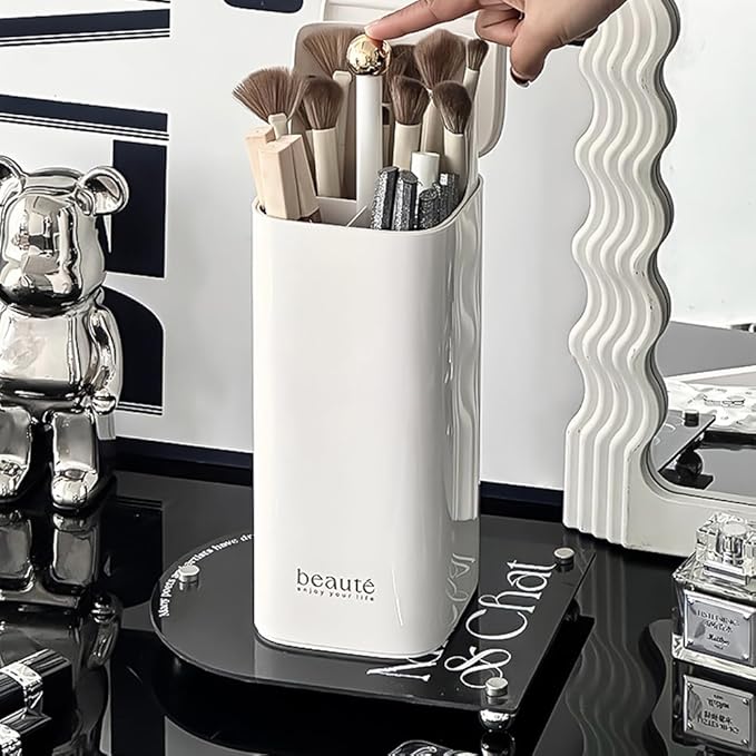 Automatic Lifting Makeup Brush Holder with Lid Dustproof Cosmetic Organizers for Vanity-White