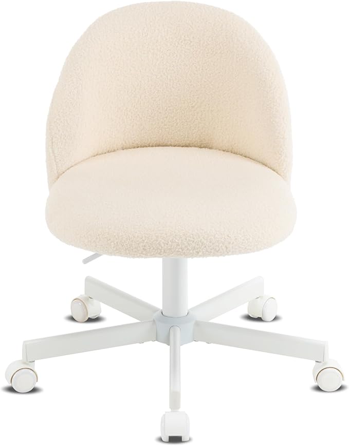 VINGLI Candy Chair Armless Cute Desk Chair,Comfy Small Office Chair with Wheels,Vanity Chair Lumbar Support,Teddy Adjustable Rolling Swivel Computer Task Chair for Home Office,Bedroom,Creamy Beige