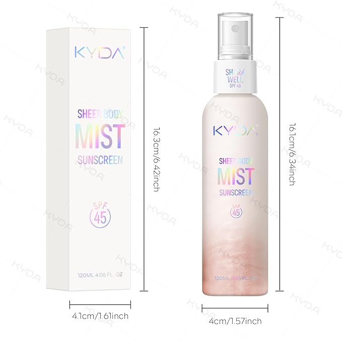 KYDA Sheer Body Sunscreen Mist, SPF 45, Radiant Glow Sunscreen Spray, Infused with Shimmer Body Oil, Ultra-fine Glowing Mist, Quick Drying, Lightweight Hydrating Spray, ROSE, 4.06 fl oz