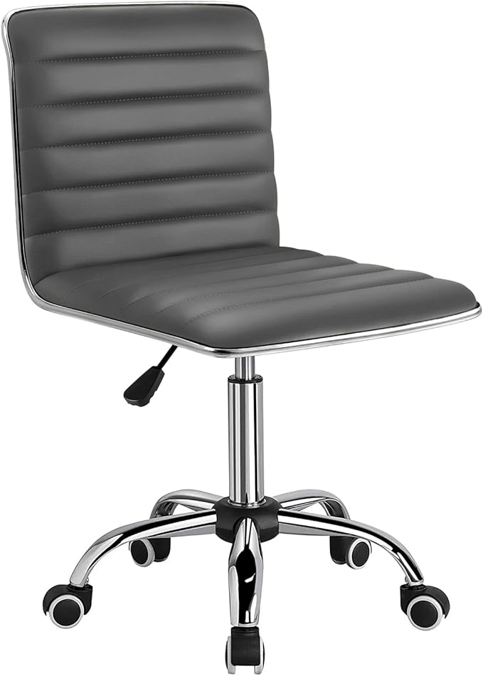 Furmax Vanity Office Desk Chair with Wheels, Armless Small Cute Leather Makeup Computer Task Chair Adjustable Height 360° Swivel (Grey)
