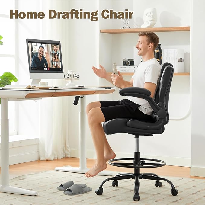 Ergonomic Drafting Chair,Tall Office Chair for Standing Desk with Flip-Up Armrests,Adjustable Foot Ring & Height, High Leather Executive Office Chair for Home,Drawing or Counter Height Use