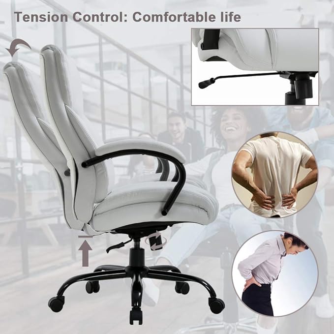 Office Chair 500lbs Wide Seat Ergonomic Desk Chair PU Leather Computer Chair Task High Back Executive Chair with Lumbar Support Armrest Adjustable Chair for Heavy People, White