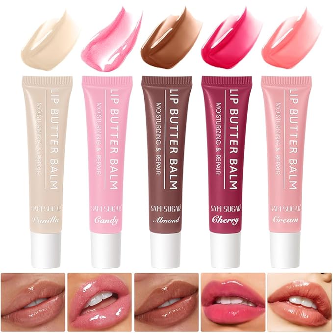 SAM SUGAR Lip Balm with Keychain Hydrating Tinted Lip Gloss, Moisturizing Lip Butter Balm with Natural Shine, Non-Sticky Lip Care for Dry Lips (Pink)